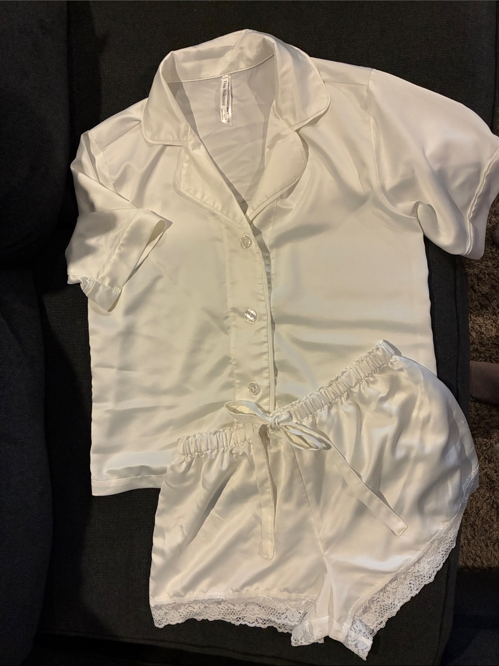 Flora Nikrooz Ivory Satin Short Pajama Set with Lace Trim